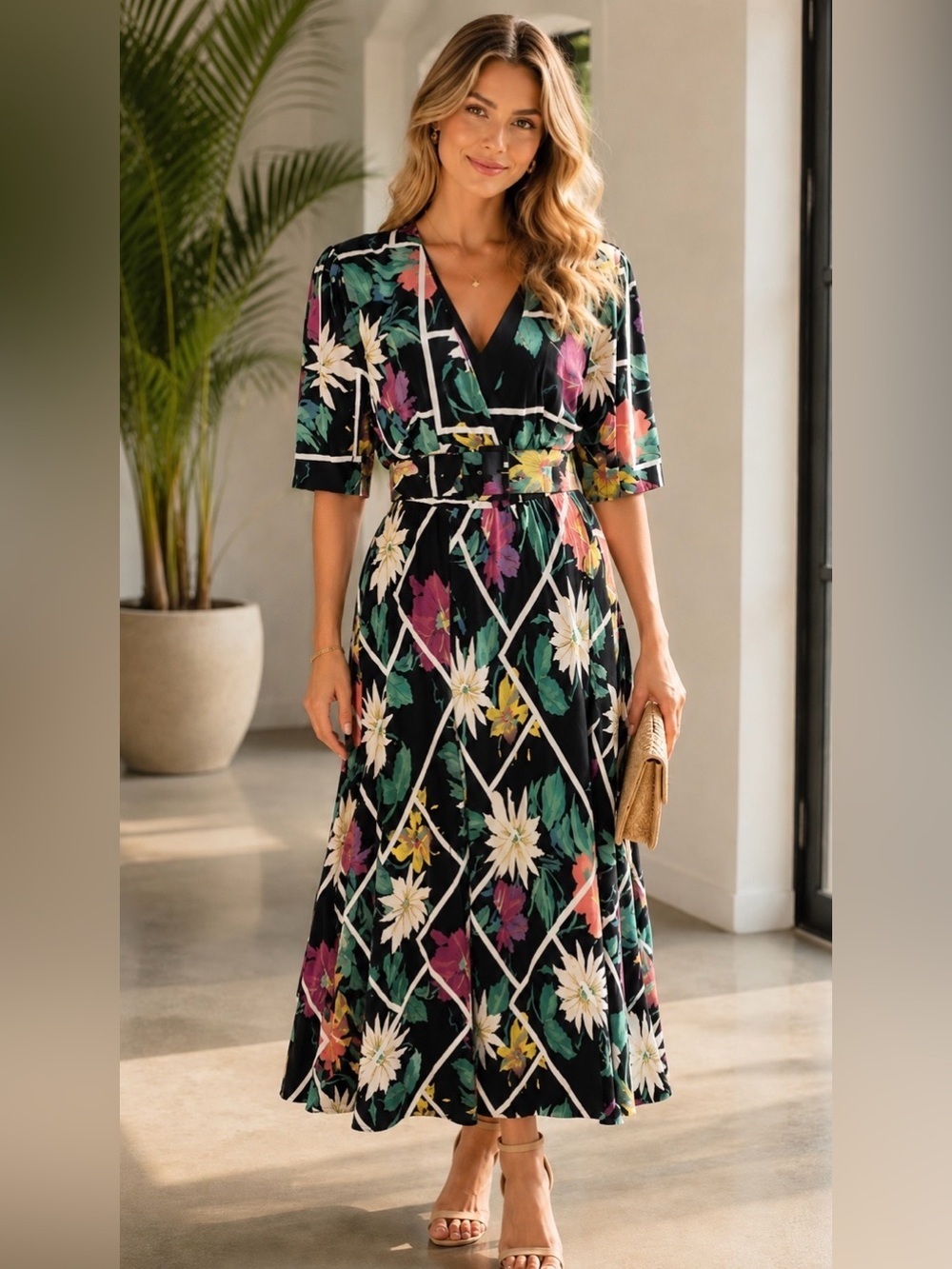 Vintage Phoebe Bold Floral Geometric Fit & Flare Maxi Dress with Wide Belt, 12